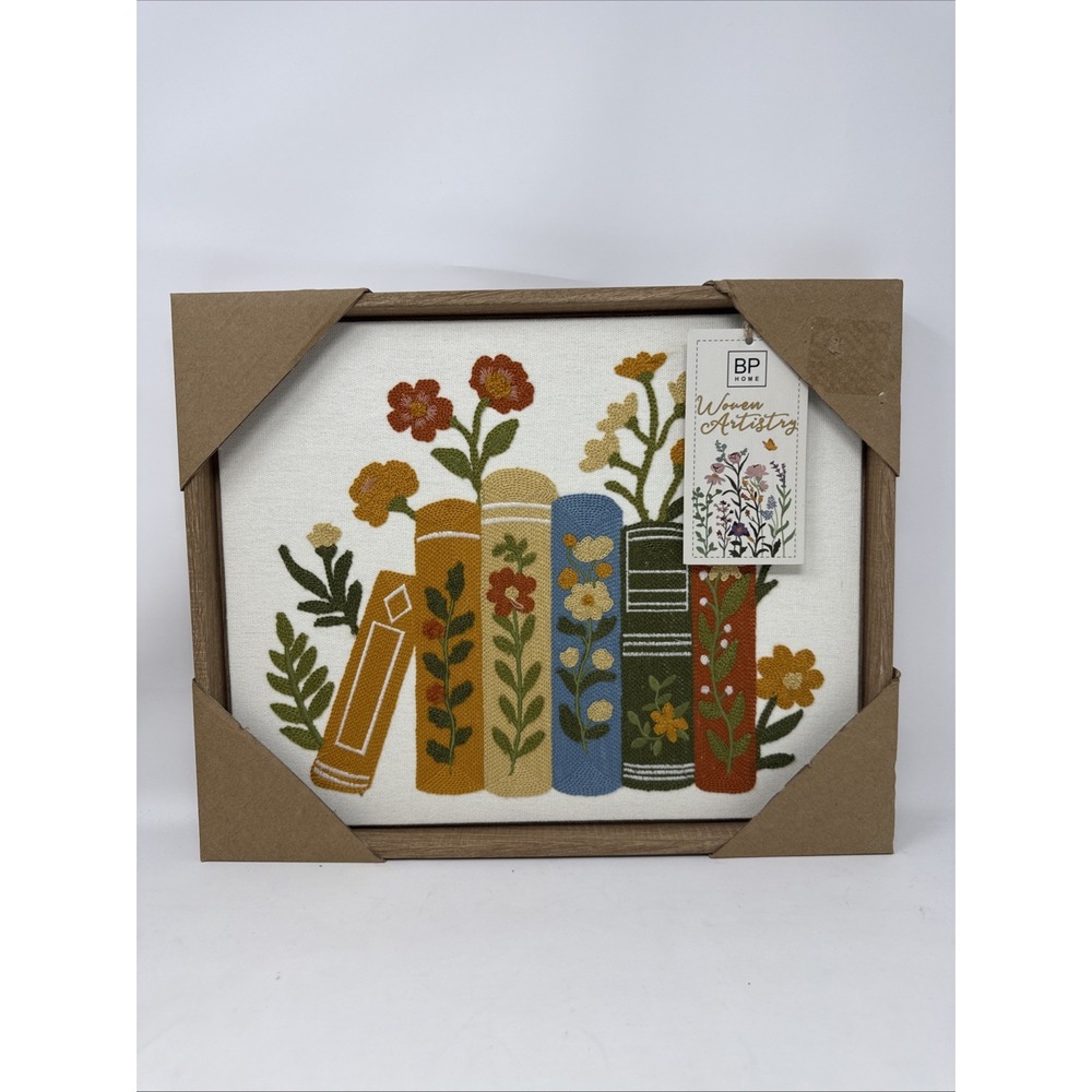 New BP Home Textile Embroidered Woven Wall Art Flowers & Books Decor 15"x12"